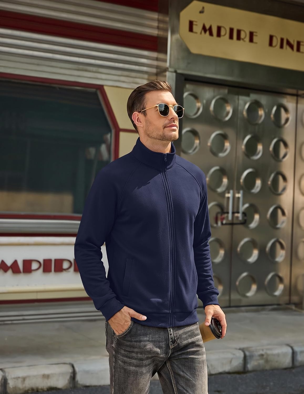 image:imageCOOFANDY Mens Zip Up Fleece Lined Sweatshirts Lightweight Sweater Jackets Long Sleeve Stand Collar Jacket Raglan Sleeve Casual Stylish Soft Comfort 2026 Fall Fashion Sweatshirt Winter Warm CoatDark Navy