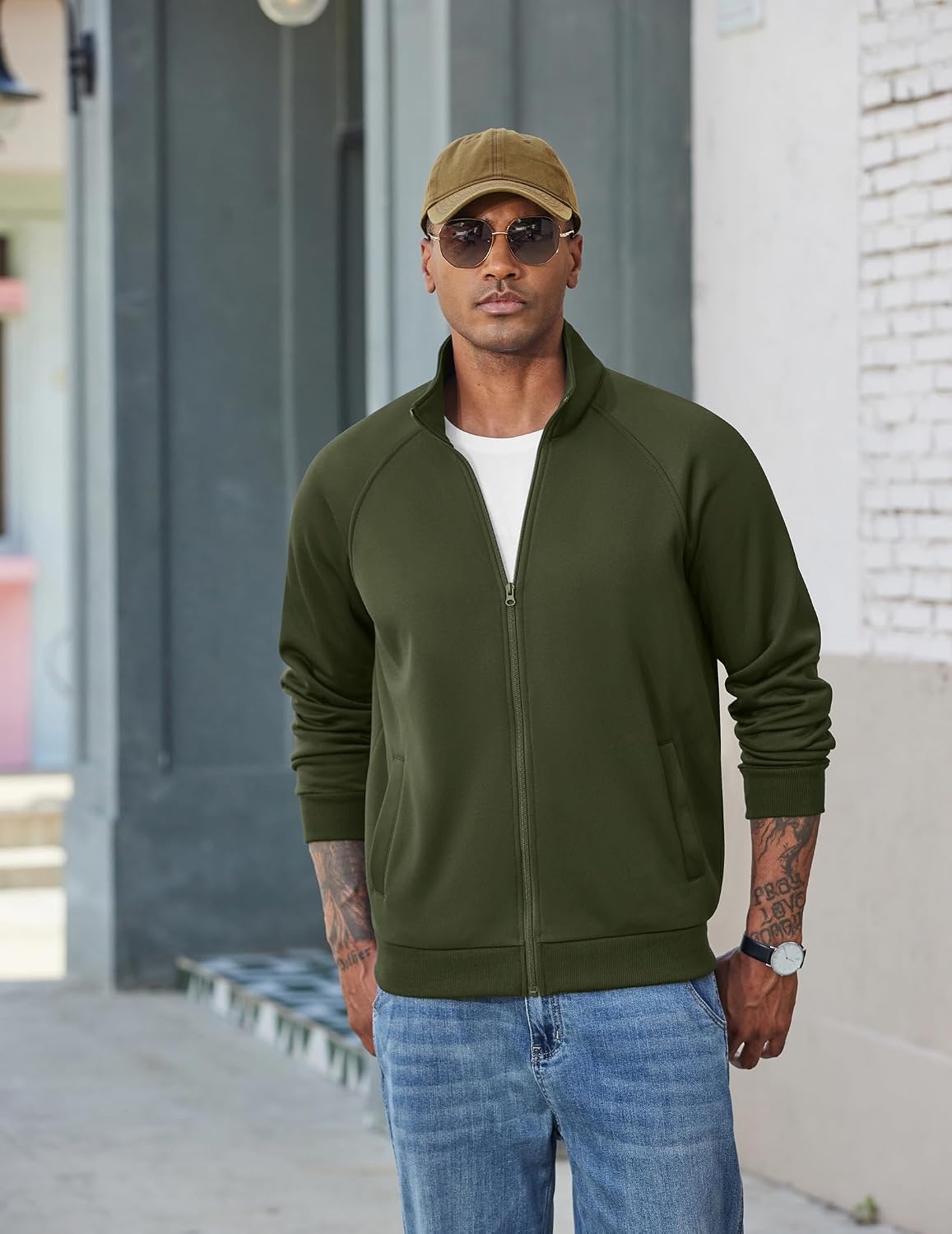 image:imageCOOFANDY Mens Zip Up Fleece Lined Sweatshirts Lightweight Sweater Jackets Long Sleeve Stand Collar Jacket Raglan Sleeve Casual Stylish Soft Comfort 2026 Fall Fashion Sweatshirt Winter Warm CoatArmy Green