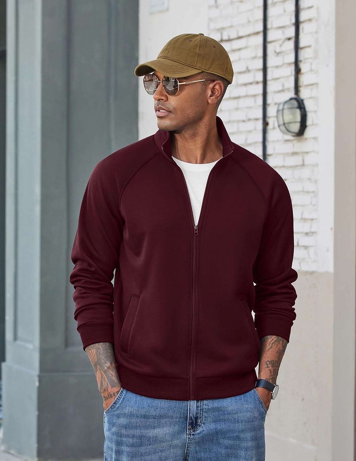 image:imageCOOFANDY Mens Zip Up Fleece Lined Sweatshirts Lightweight Sweater Jackets Long Sleeve Stand Collar Jacket Raglan Sleeve Casual Stylish Soft Comfort 2026 Fall Fashion Sweatshirt Winter Warm CoatBurgundy