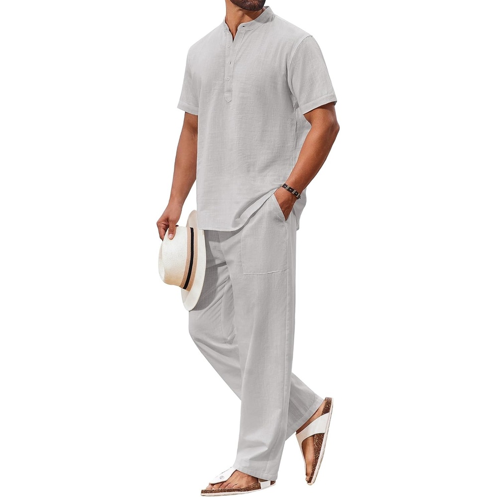 image:imageCOOFANDY Mens 2 Piece Cotton Linen Sets Beach Outfits Pants and Shirt Set  Linen Outfits Set with Pockets Casual Short Sleeve Henley Shirts Beach Pants with Pockets Summer Vacation Yoga OutfitsZlight Grey