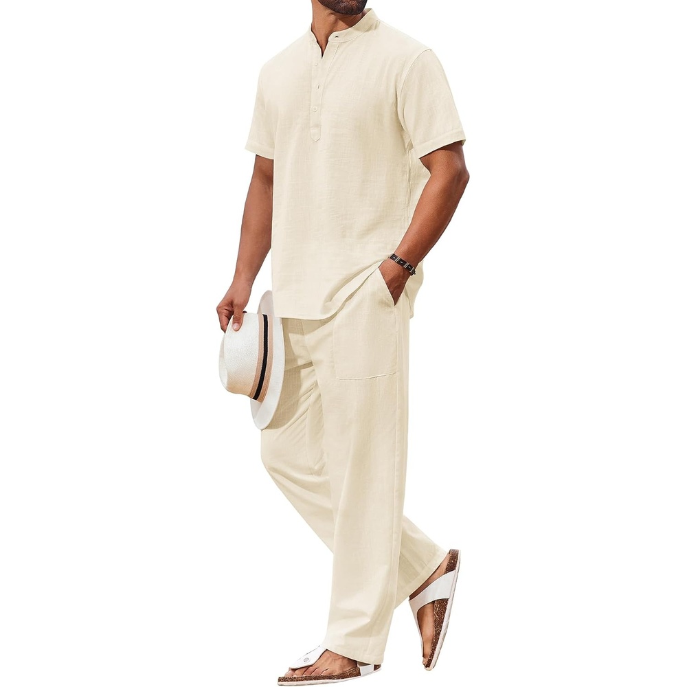 image:imageCOOFANDY Mens 2 Piece Cotton Linen Sets Beach Outfits Pants and Shirt Set Linen Outfits Set with Pockets Casual Short Sleeve Henley Shirts Beach Pants with Pockets Summer Vacation Yoga OutfitsAbeige