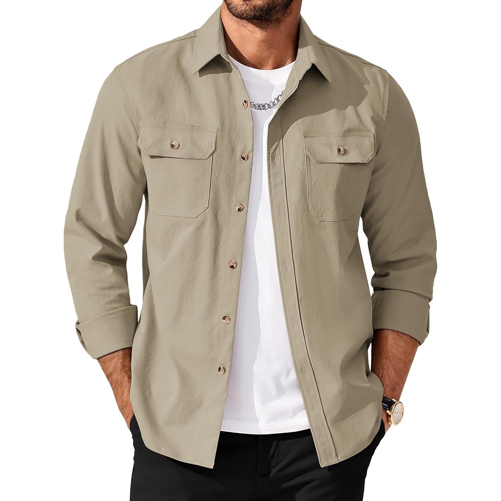 image:imageCOOFANDY Mens Long Sleeve Button Up Shirt Jacket with Flap PocketsStone