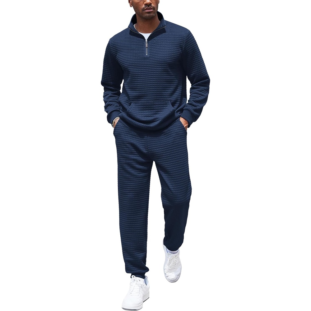 image:imageCOOFANDY Mens Tracksuit 2 Piece Quarter Zip Sweatsuit Workout Jogging Set  Soft plaid jacquard fabric 14 zip jacket amp jogger set kangaroo pocket drawstring waist ideal for sports amp giftsNavy Blue