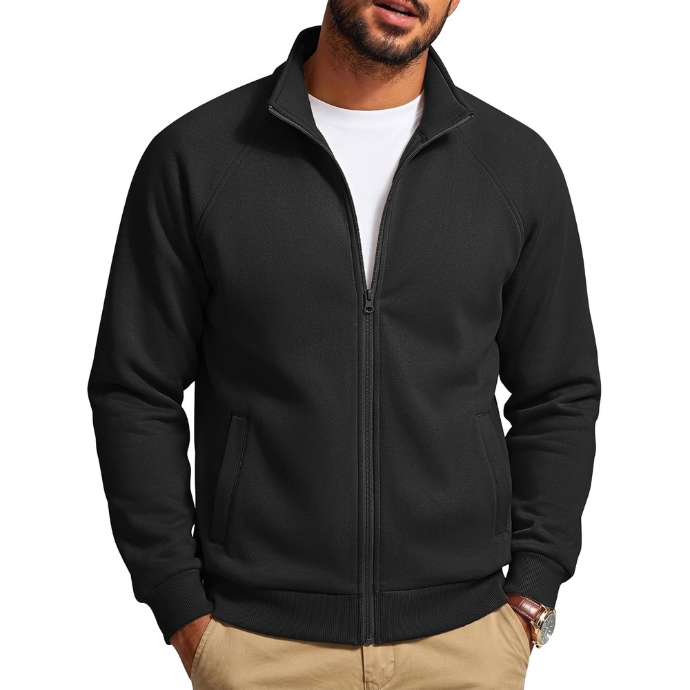 image:imageCOOFANDY Mens Zip Up Fleece Lined Sweatshirts Lightweight Sweater Jackets Long Sleeve Stand Collar Jacket Raglan Sleeve Casual Stylish Soft Comfort 2026 Fall Fashion Sweatshirt Winter Warm CoatBlack