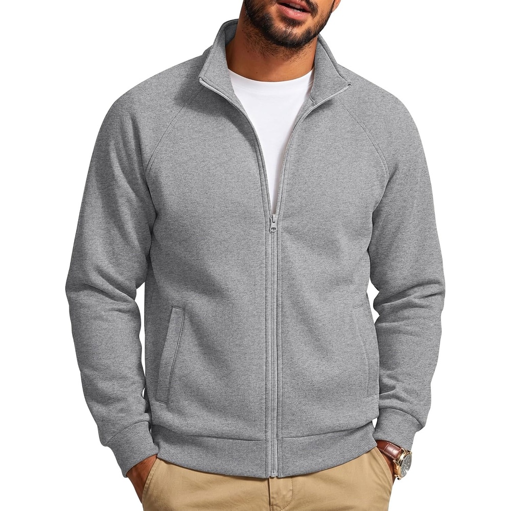 image:imageCOOFANDY Mens Zip Up Fleece Lined Sweatshirts Lightweight Sweater Jackets  Long Sleeve Stand Collar Jacket Raglan Sleeve Casual Stylish Soft Comfort 2026 Fall Fashion Sweatshirt Winter Warm CoatLight Gray