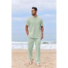 COOFANDY Men’s 2 Piece Cotton Linen Sets Beach Outfits Pants and Shirt Set | Linen Outfits Set with Pockets, Casual Short Sleeve Henley Shirts, Beach Pants with Pockets, Summer Vacation Yoga Outfits(Z-green)
