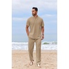 COOFANDY Men’s 2 Piece Cotton Linen Sets Beach Outfits Pants and Shirt Set | Linen Outfits Set with Pockets, Casual Short Sleeve Henley Shirts, Beach Pants with Pockets, Summer Vacation Yoga Outfits(A-khaki)