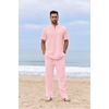 COOFANDY Men’s 2 Piece Cotton Linen Sets Beach Outfits Pants and Shirt Set | Linen Outfits Set with Pockets, Casual Short Sleeve Henley Shirts, Beach Pants with Pockets, Summer Vacation Yoga Outfits(Z-pink)
