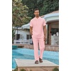 COOFANDY Men’s 2 Piece Cotton Linen Sets Beach Outfits Pants and Shirt Set | Linen Outfits Set with Pockets, Casual Short Sleeve Henley Shirts, Beach Pants with Pockets, Summer Vacation Yoga Outfits(Z-pink)