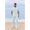 COOFANDY Men’s 2 Piece Cotton Linen Sets Beach Outfits Pants and Shirt Set | Linen Outfits Set with Pockets, Casual Short Sleeve Henley Shirts, Beach Pants with Pockets, Summer Vacation Yoga Outfits(Z-light Blue)