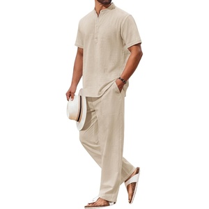 COOFANDY Men’s 2 Piece Cotton Linen Sets Beach Outfits Pants and Shirt Set | Linen Outfits Set with Pockets, Casual Short Sleeve Henley Shirts, Beach Pants with Pockets, Summer Vacation Yoga Outfits(Z-light Khaki)