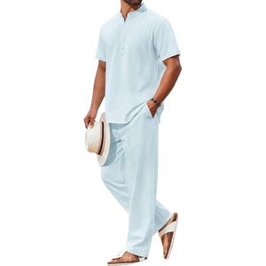 COOFANDY Men’s 2 Piece Cotton Linen Sets Beach Outfits Pants and Shirt Set | Linen Outfits Set with Pockets, Casual Short Sleeve Henley Shirts, Beach Pants with Pockets, Summer Vacation Yoga Outfits(Z-light Blue)