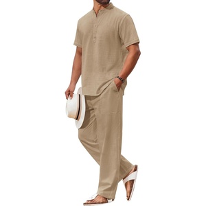 COOFANDY Men’s 2 Piece Cotton Linen Sets Beach Outfits Pants and Shirt Set | Linen Outfits Set with Pockets, Casual Short Sleeve Henley Shirts, Beach Pants with Pockets, Summer Vacation Yoga Outfits(A-khaki)