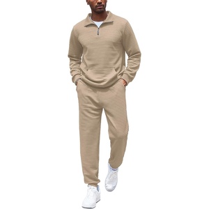 COOFANDY Men’s Tracksuit 2 Piece Quarter Zip Sweatsuit Workout Jogging Set | Soft plaid jacquard fabric, 1/4 zip jacket & jogger set, kangaroo pocket, drawstring waist; ideal for sports & gifts(Khaki-01)
