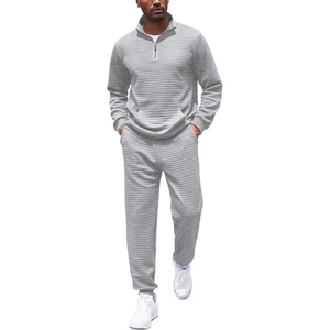 COOFANDY Men’s Tracksuit 2 Piece Quarter Zip Sweatsuit Workout Jogging Set | Soft plaid jacquard fabric, 1/4 zip jacket & jogger set, kangaroo pocket, drawstring waist; ideal for sports & gifts(Light Grey)