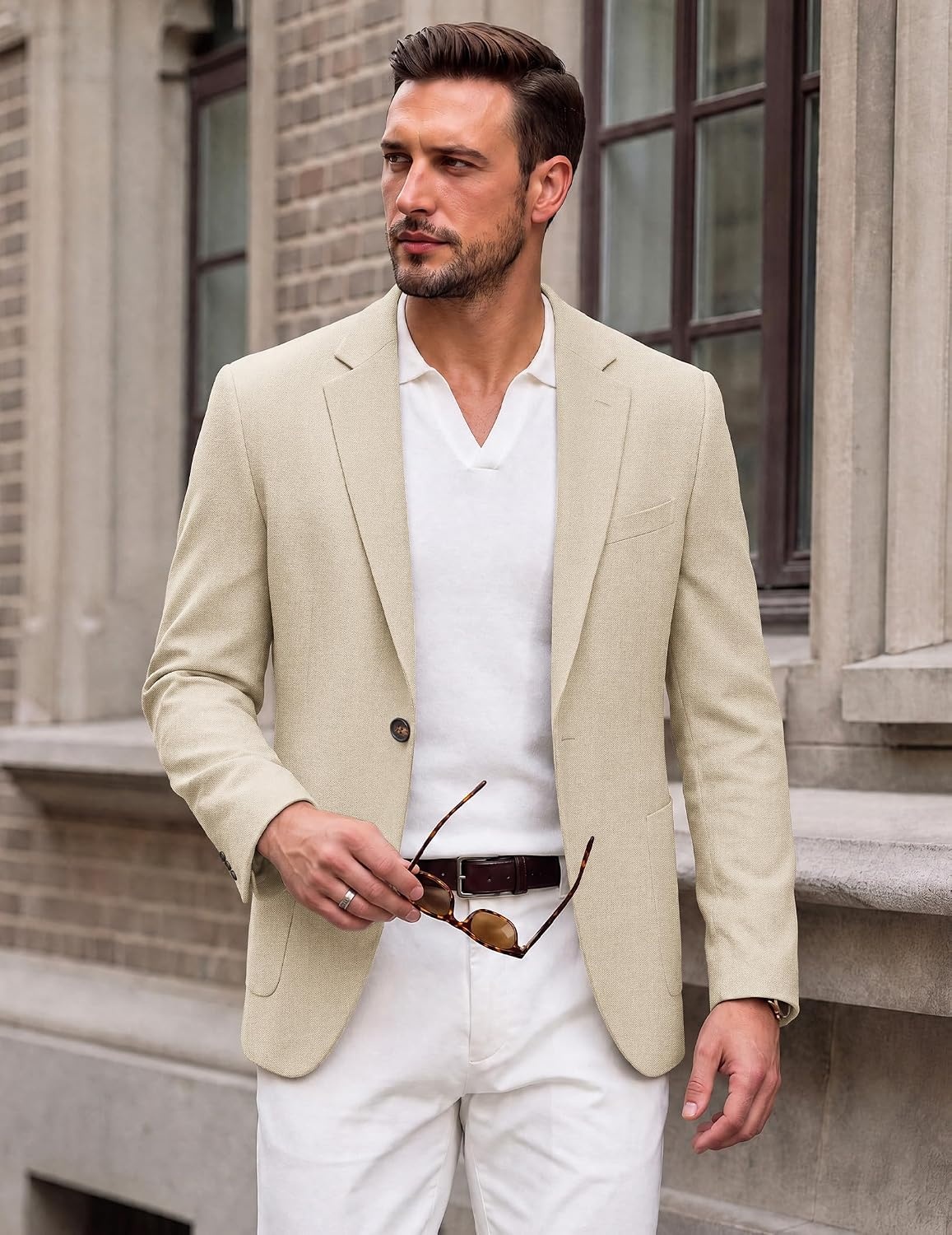 image:imageCOOFANDY Mens Blazer Casual Sport Coats One Button Lightweight Sport Jacket Regular Fit Suit Jackets Wrinkle Free Stretch Blazers Subtle Brushed Fabric Wedding Office Business Daily WearBeige