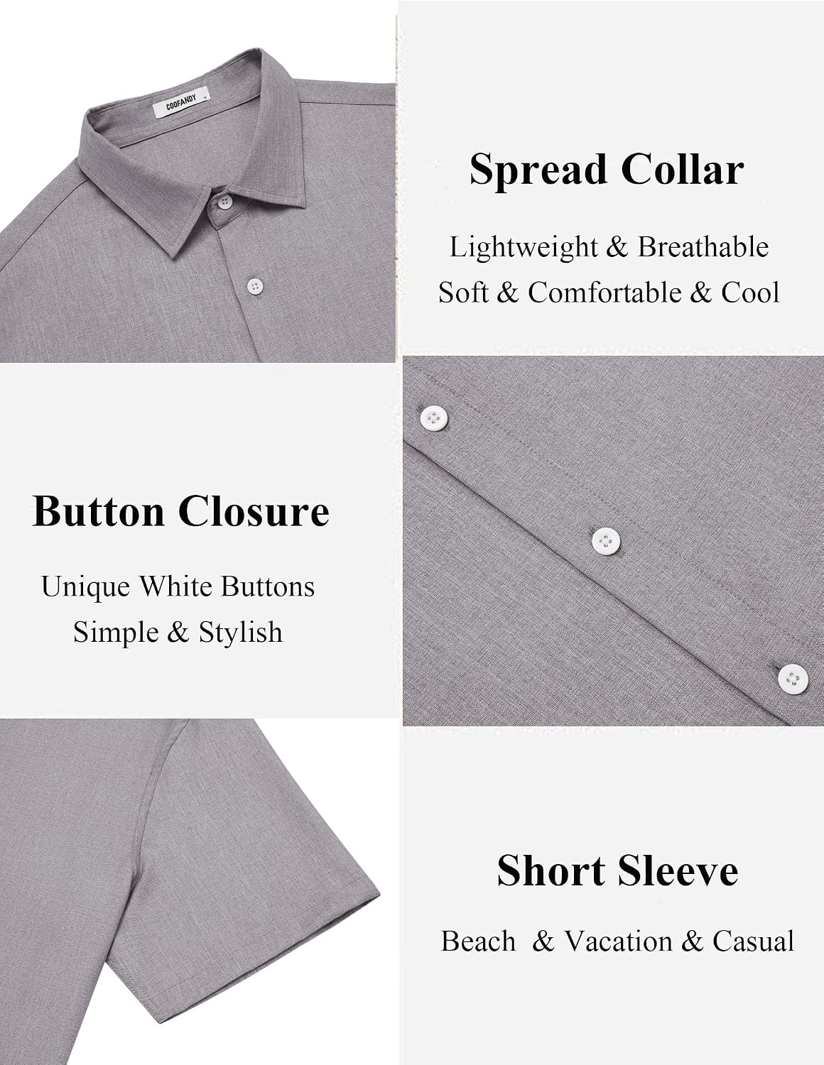 image:imageCOOFANDY Mens Casual Button Down Shirt Short Sleeve Summer Beach Shirts Lightweight Soft FabricTextured Linen ShirtRegular FitCasual ShirtsVacation Resort WearWeddingMachine WashLight Gray