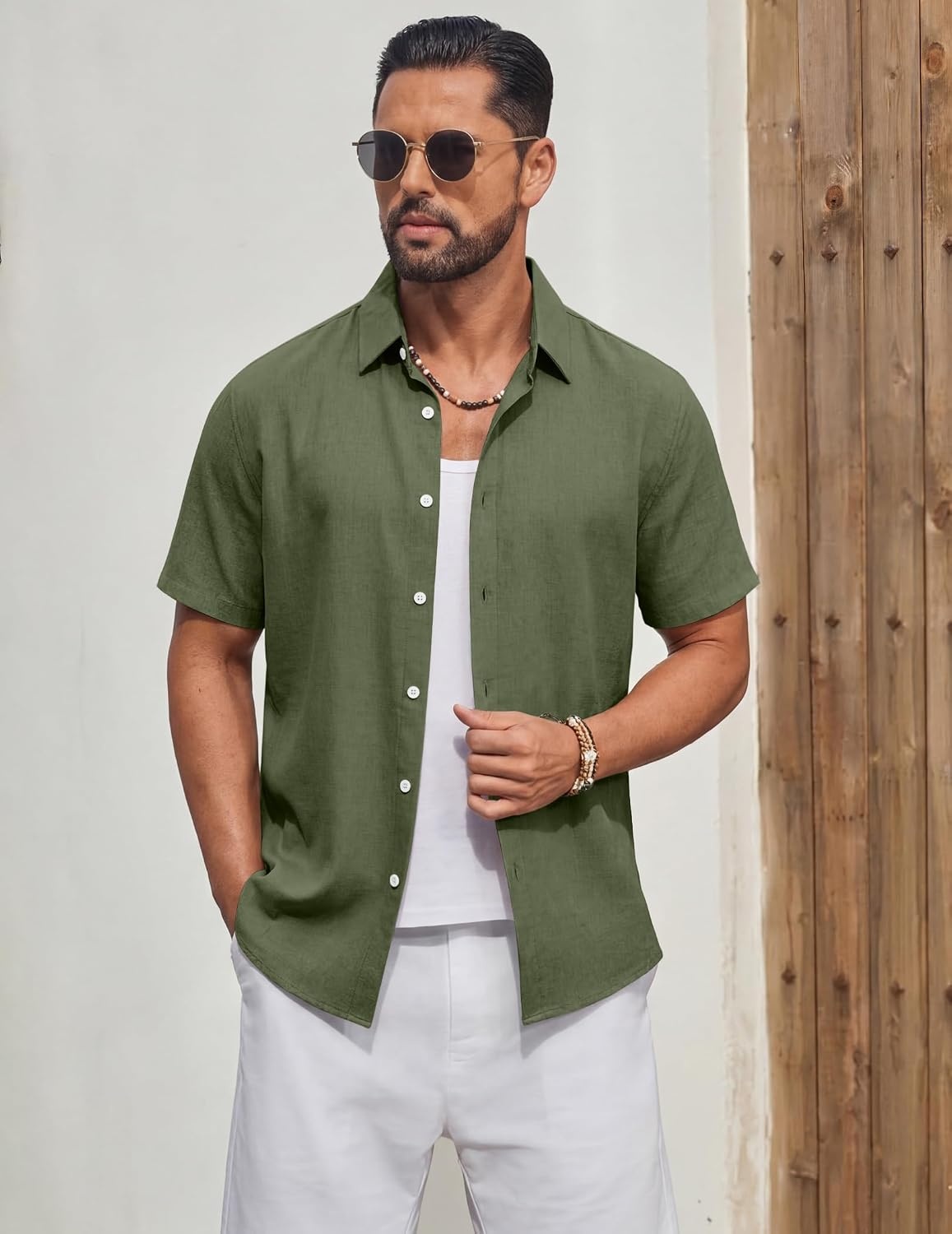 image:imageCOOFANDY Mens Casual Button Down Shirt Short Sleeve Summer Beach Shirts Lightweight Soft FabricTextured Linen ShirtRegular FitCasual ShirtsVacation Resort WearWeddingMachine WashOlive Green