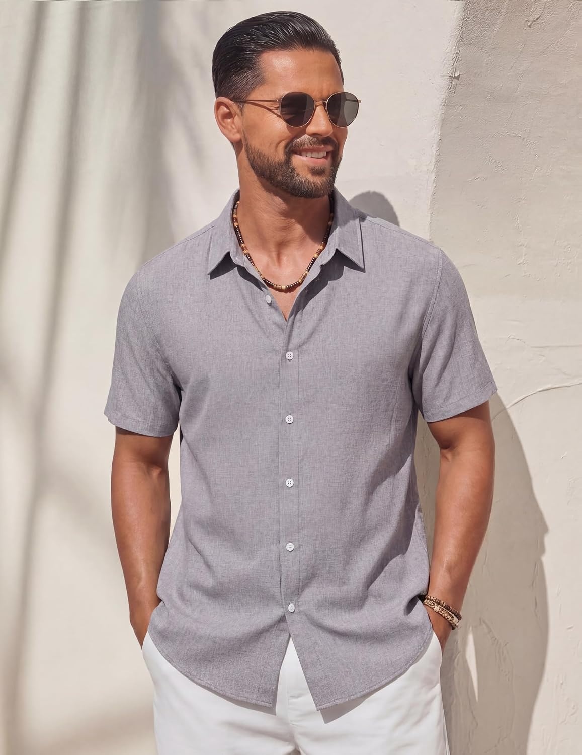image:imageCOOFANDY Mens Casual Button Down Shirt Short Sleeve Summer Beach Shirts Lightweight Soft FabricTextured Linen ShirtRegular FitCasual ShirtsVacation Resort WearWeddingMachine WashLight Gray