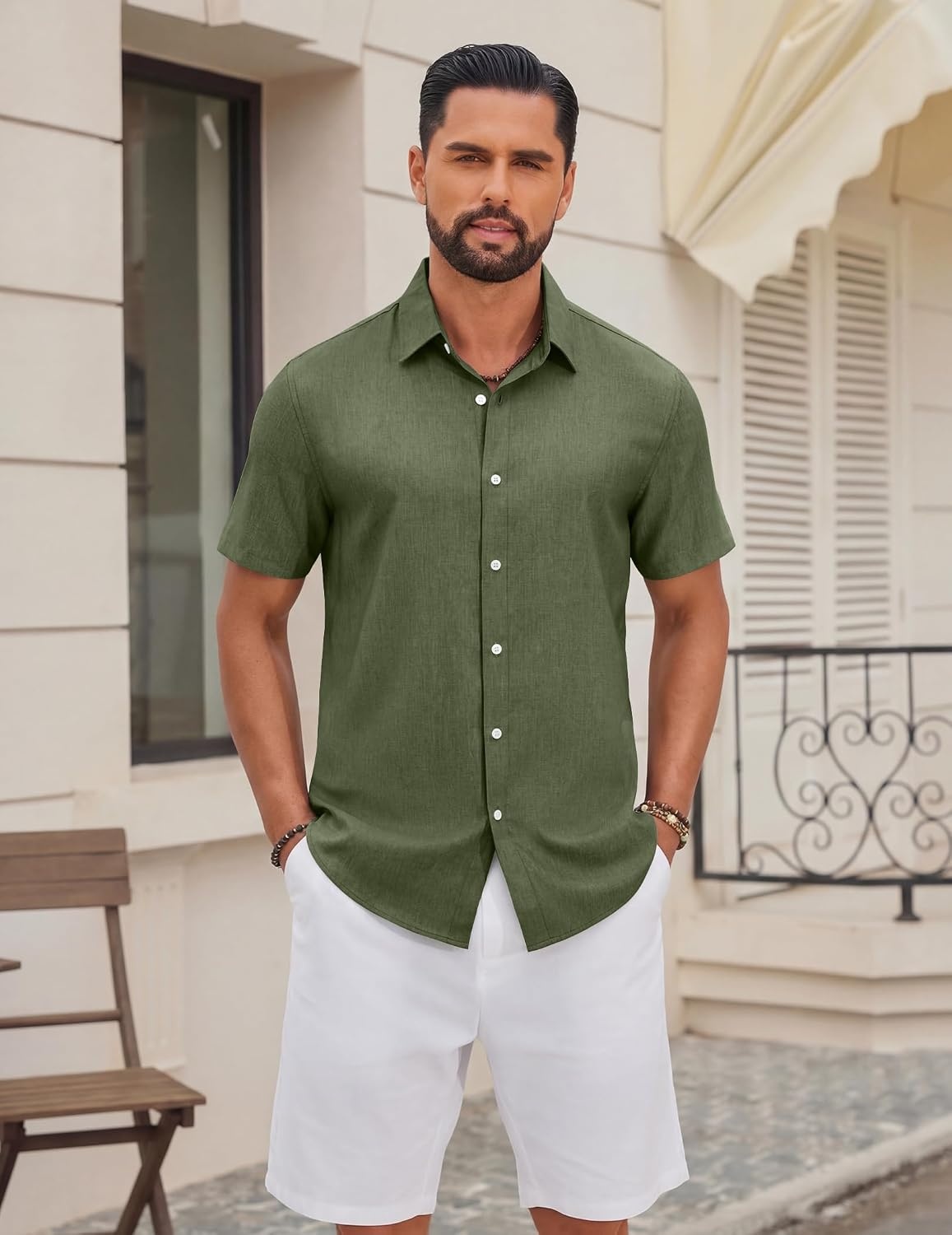 image:imageCOOFANDY Mens Casual Button Down Shirt Short Sleeve Summer Beach Shirts Lightweight Soft FabricTextured Linen ShirtRegular FitCasual ShirtsVacation Resort WearWeddingMachine WashOlive Green