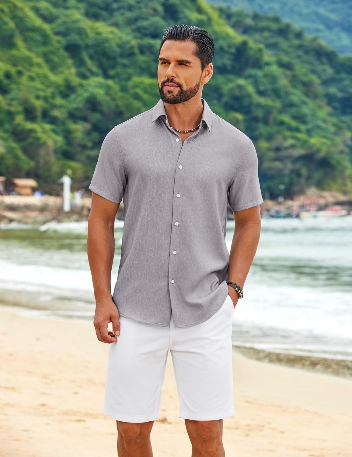 image:imageCOOFANDY Mens Casual Button Down Shirt Short Sleeve Summer Beach Shirts Lightweight Soft FabricTextured Linen ShirtRegular FitCasual ShirtsVacation Resort WearWeddingMachine WashLight Gray
