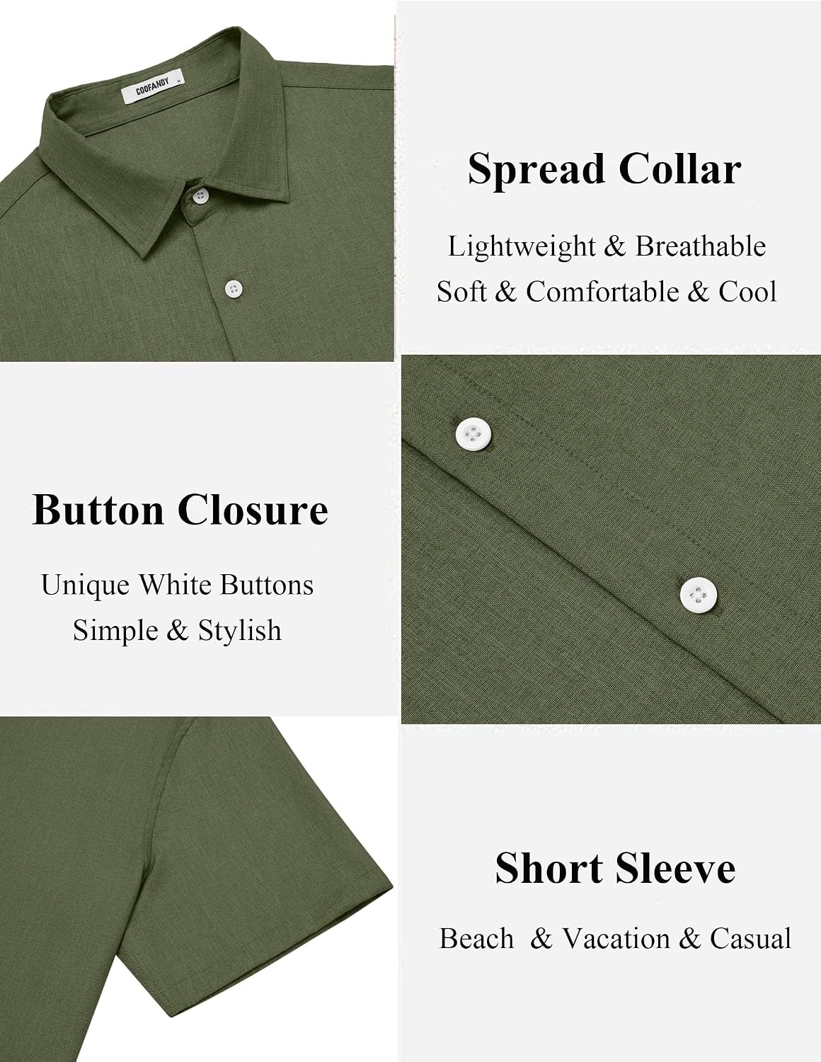 image:imageCOOFANDY Mens Casual Button Down Shirt Short Sleeve Summer Beach Shirts Lightweight Soft FabricTextured Linen ShirtRegular FitCasual ShirtsVacation Resort WearWeddingMachine WashOlive Green