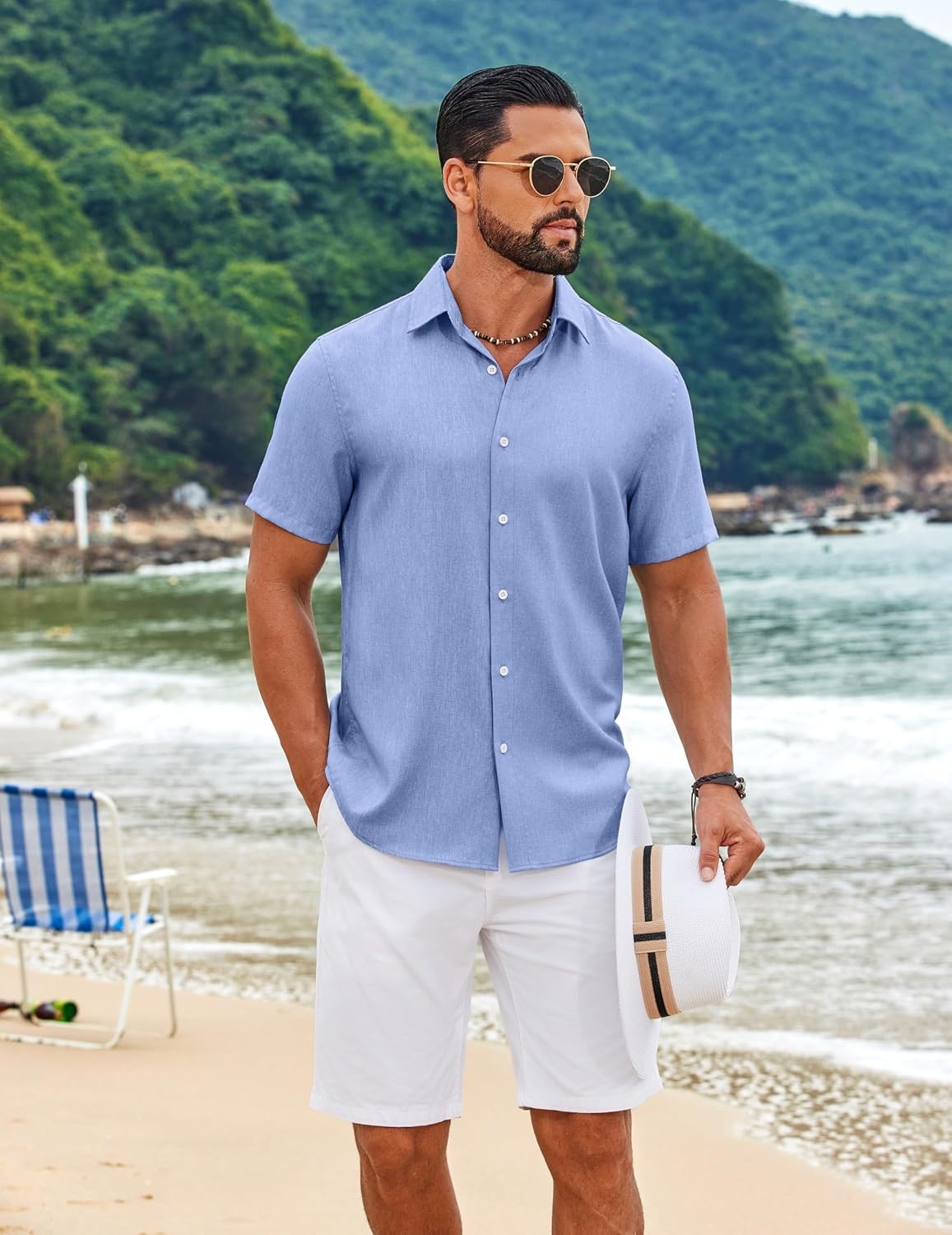 image:imageCOOFANDY Mens Casual Button Down Shirt Short Sleeve Summer Beach Shirts Lightweight Soft FabricTextured Linen ShirtRegular FitCasual ShirtsVacation Resort WearWeddingMachine WashLight Blue