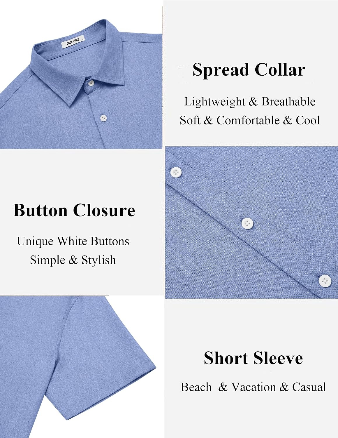 image:imageCOOFANDY Mens Casual Button Down Shirt Short Sleeve Summer Beach Shirts Lightweight Soft FabricTextured Linen ShirtRegular FitCasual ShirtsVacation Resort WearWeddingMachine WashLight Blue