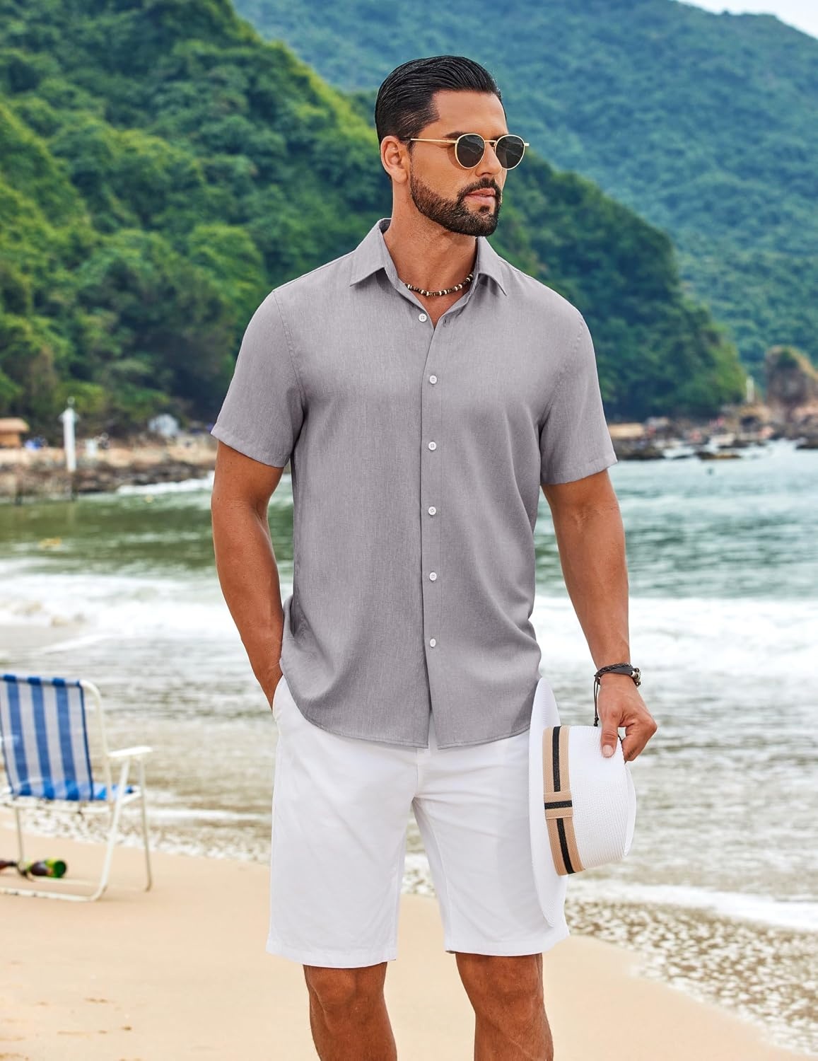 image:imageCOOFANDY Mens Casual Button Down Shirt Short Sleeve Summer Beach Shirts Lightweight Soft FabricTextured Linen ShirtRegular FitCasual ShirtsVacation Resort WearWeddingMachine WashLight Gray