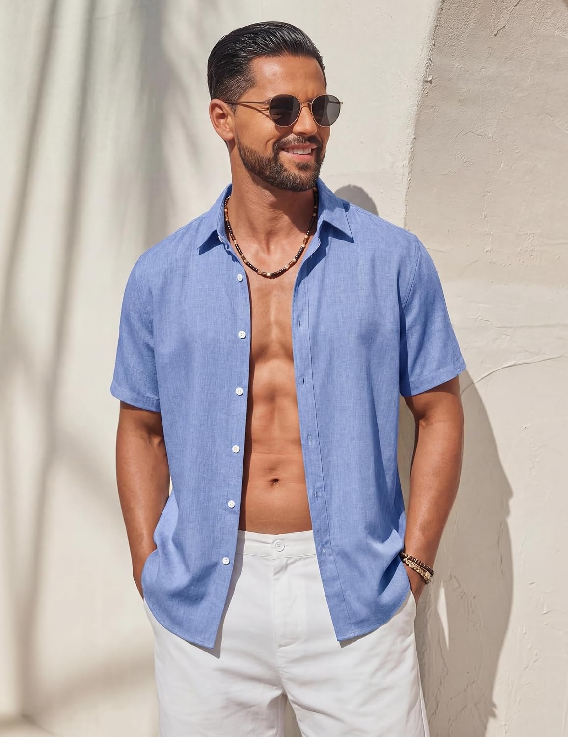 image:imageCOOFANDY Mens Casual Button Down Shirt Short Sleeve Summer Beach Shirts Lightweight Soft FabricTextured Linen ShirtRegular FitCasual ShirtsVacation Resort WearWeddingMachine WashLight Blue