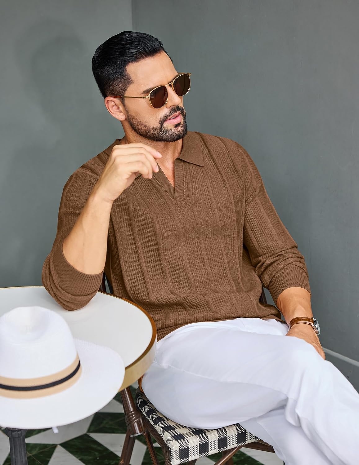 image:imageCOOFANDY Mens Knit Long Sleeve Polo Shirt Sweater VNeck Textured Pullover Polo Collared Sweater Casual Shirt Soft Textured Knit Golf Polo Sweater With VNeck Collar Ribbed Cuffs Fall WinterLight Brown