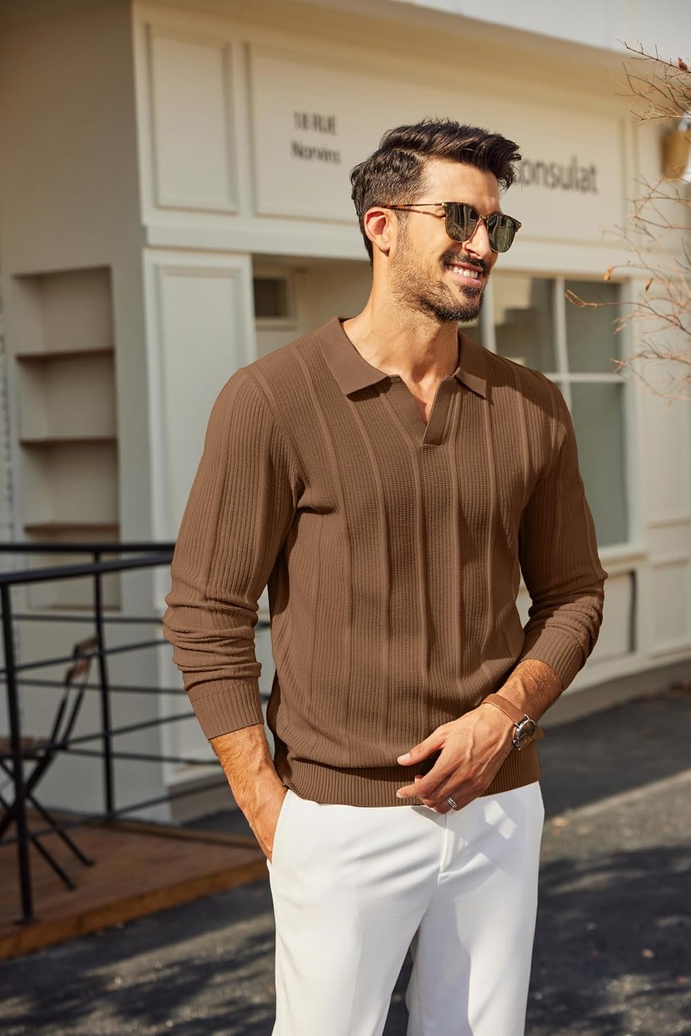image:imageCOOFANDY Mens Knit Long Sleeve Polo Shirt Sweater VNeck Textured Pullover Polo Collared Sweater Casual Shirt Soft Textured Knit Golf Polo Sweater With VNeck Collar Ribbed Cuffs Fall WinterLight Brown