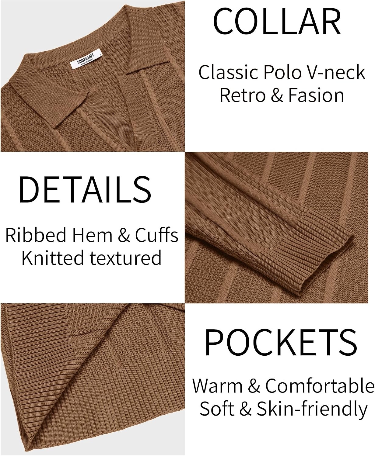 image:imageCOOFANDY Mens Knit Long Sleeve Polo Shirt Sweater VNeck Textured Pullover Polo Collared Sweater Casual Shirt Soft Textured Knit Golf Polo Sweater With VNeck Collar Ribbed Cuffs Fall WinterLight Brown