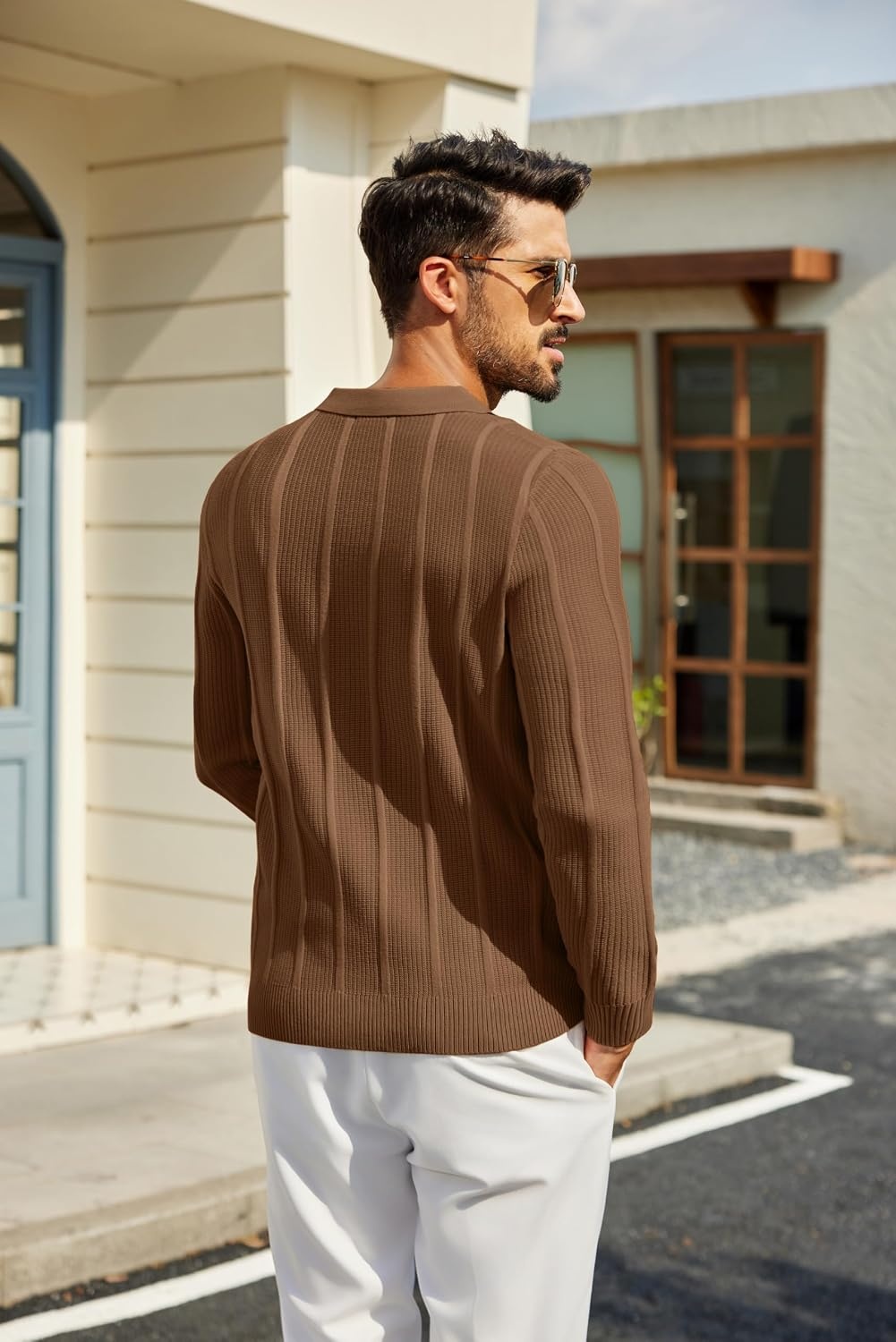 image:imageCOOFANDY Mens Knit Long Sleeve Polo Shirt Sweater VNeck Textured Pullover Polo Collared Sweater Casual Shirt Soft Textured Knit Golf Polo Sweater With VNeck Collar Ribbed Cuffs Fall WinterLight Brown