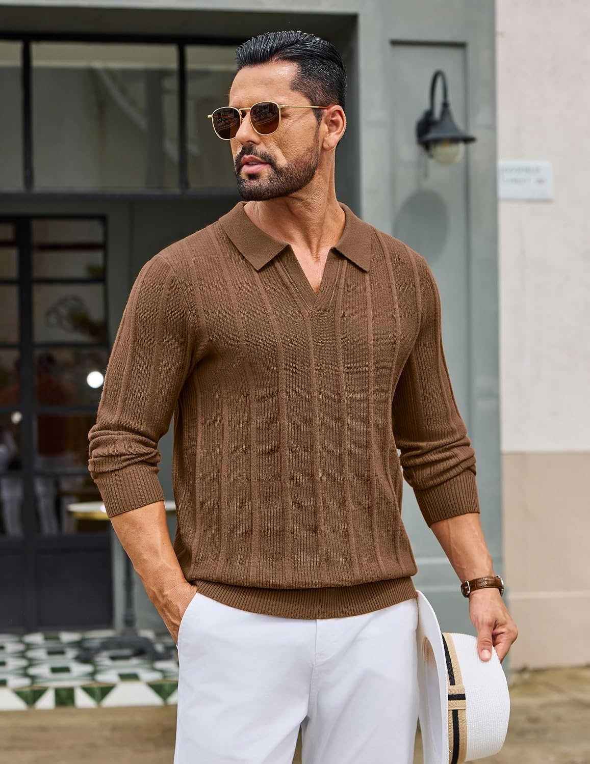 image:imageCOOFANDY Mens Knit Long Sleeve Polo Shirt Sweater VNeck Textured Pullover Polo Collared Sweater Casual Shirt Soft Textured Knit Golf Polo Sweater With VNeck Collar Ribbed Cuffs Fall WinterLight Brown