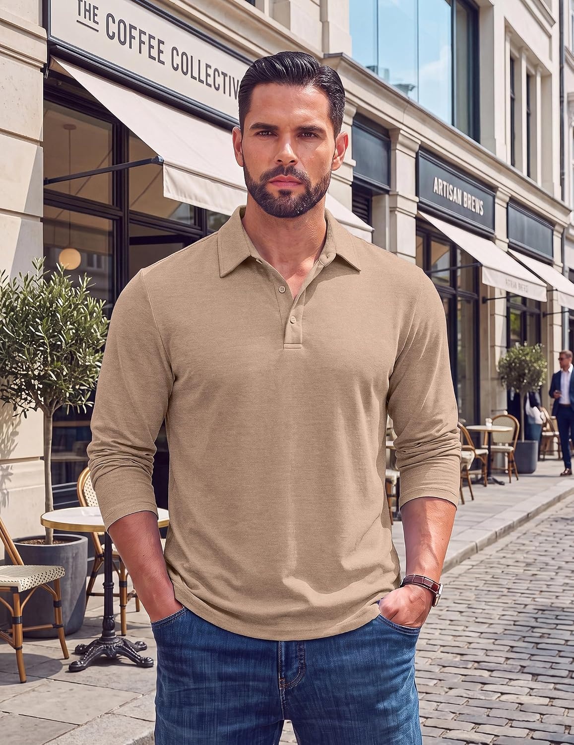 image:imageCOOFANDY Mens Long Sleeve Polo Shirts Casual Basic Lightweight Button Tee Heathered fabric 3 button plackets long sleeve lightweight breathable soft some stretch classic regular fit casualKhaki