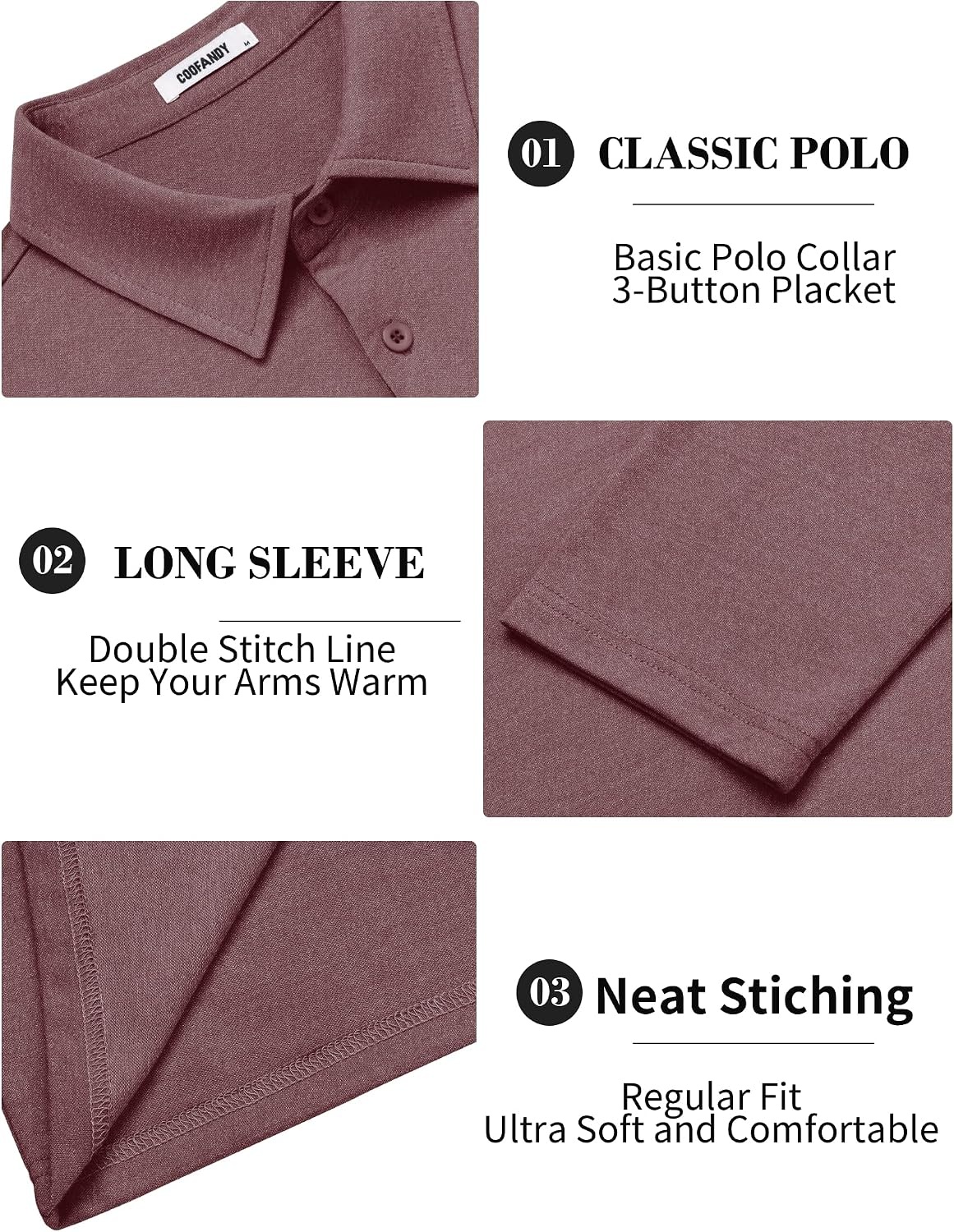 image:imageCOOFANDY Mens Long Sleeve Polo Shirts Casual Basic Lightweight Button Tee Heathered fabric 3 button plackets long sleeve lightweight breathable soft some stretch classic regular fit casualWine Red