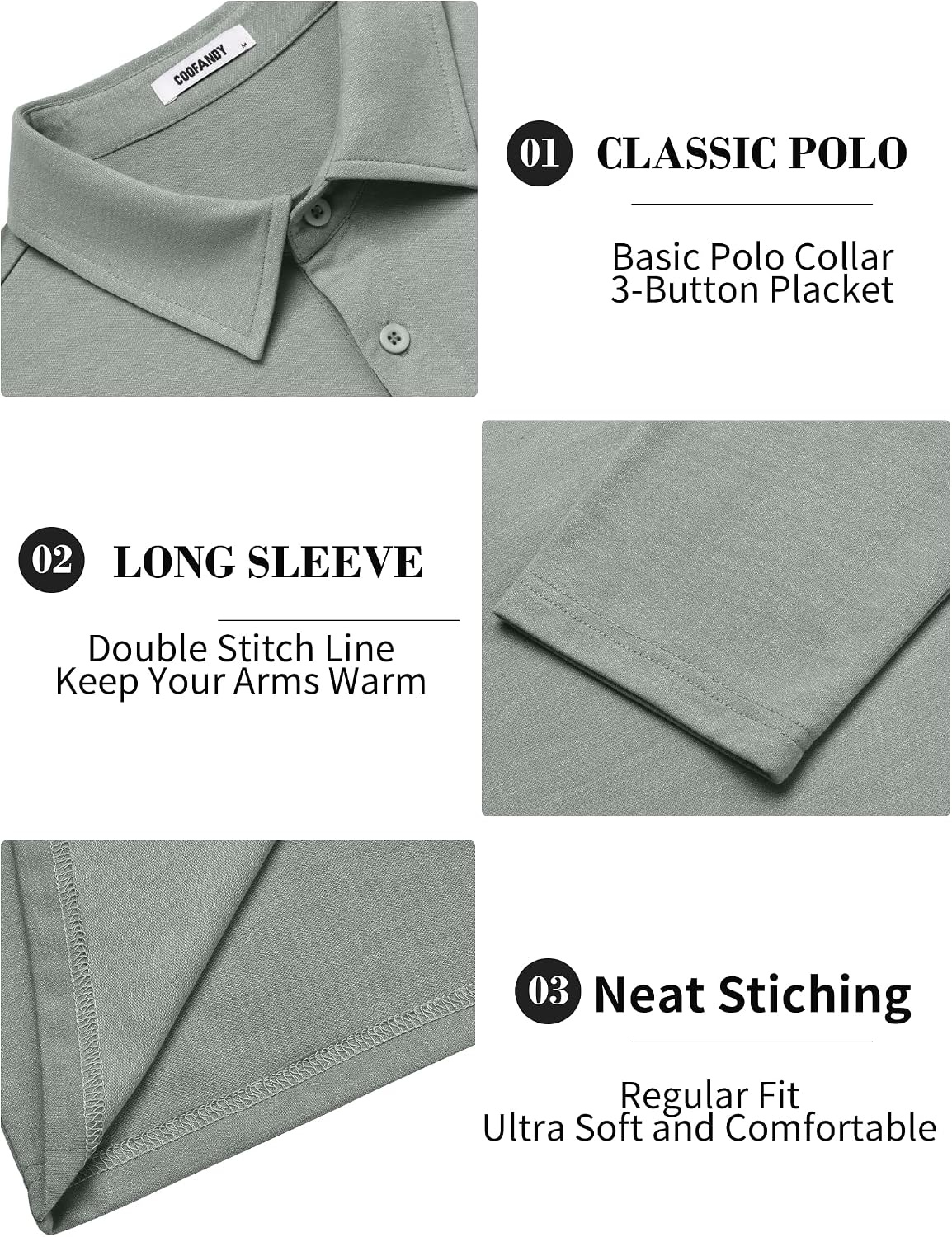 image:imageCOOFANDY Mens Long Sleeve Polo Shirts Casual Basic Lightweight Button Tee Heathered fabric 3 button plackets long sleeve lightweight breathable soft some stretch classic regular fit casualSage Green