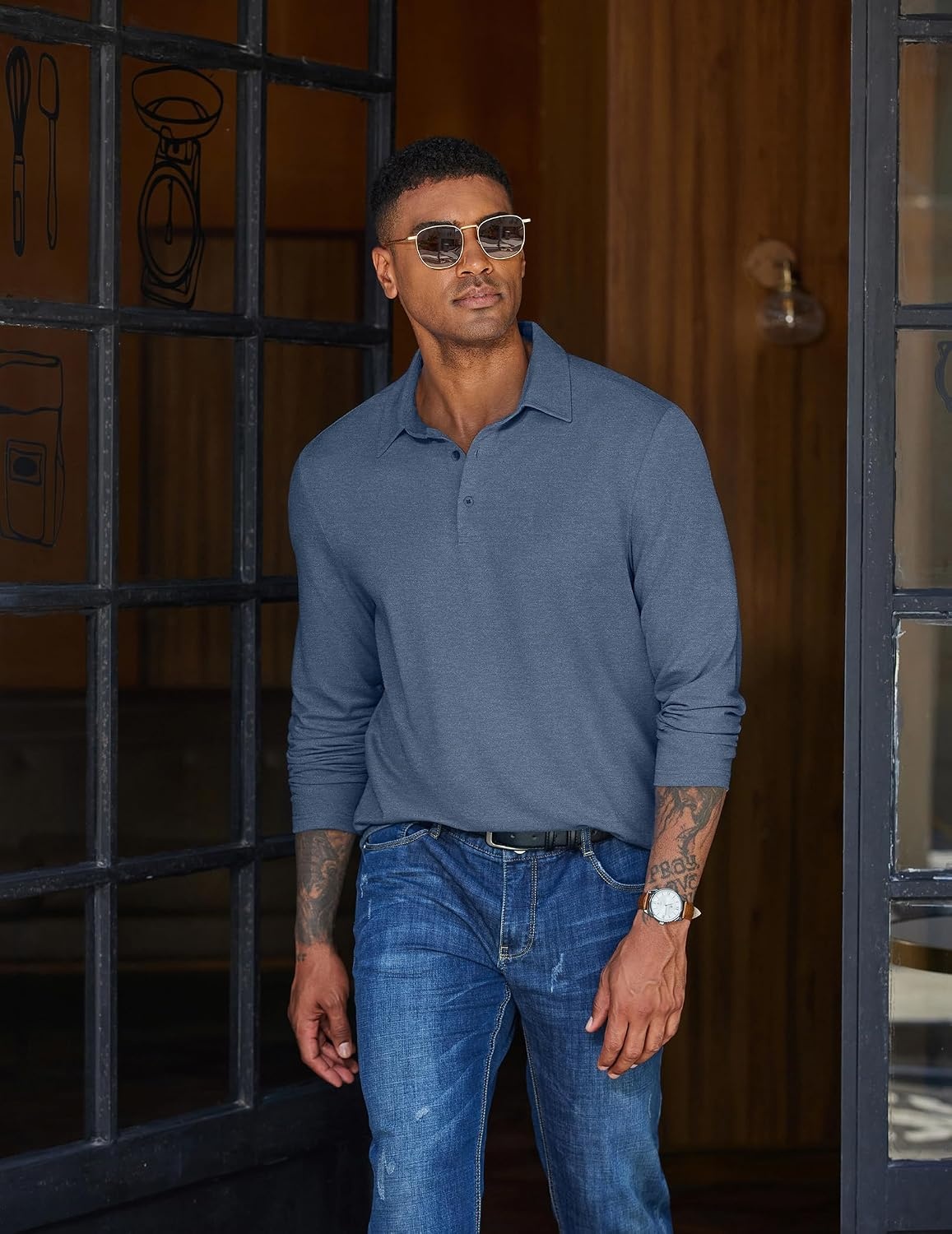 image:imageCOOFANDY Mens Long Sleeve Polo Shirts Casual Basic Lightweight Button Tee Heathered fabric 3 button plackets long sleeve lightweight breathable soft some stretch classic regular fit casualDeep Blue