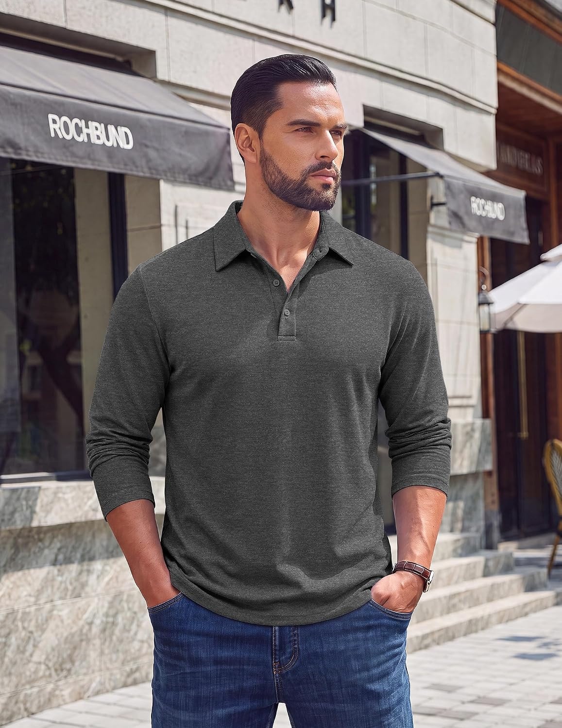 image:imageCOOFANDY Mens Long Sleeve Polo Shirts Casual Basic Lightweight Button Tee Heathered fabric 3 button plackets long sleeve lightweight breathable soft some stretch classic regular fit casualDark Heather Grey