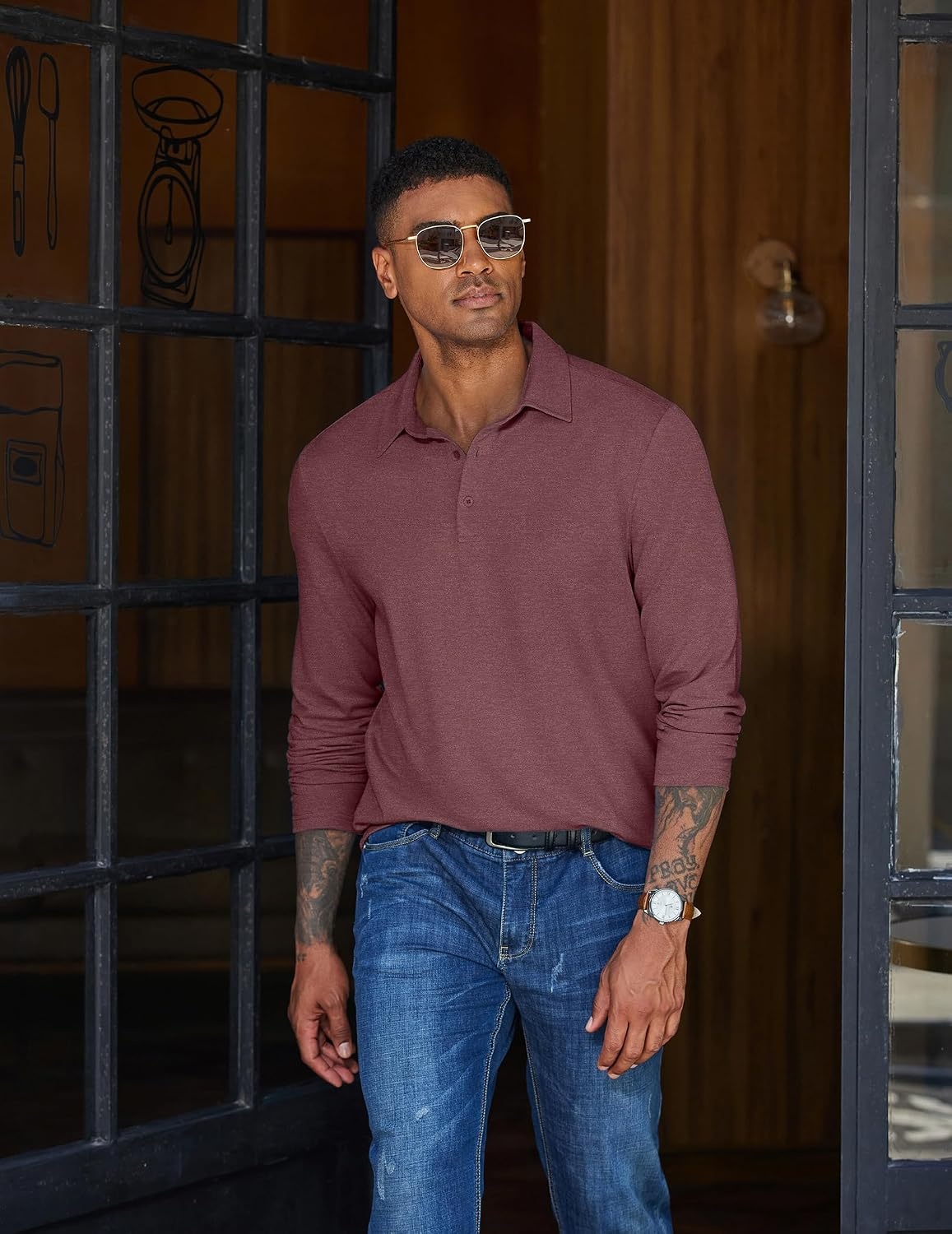 image:imageCOOFANDY Mens Long Sleeve Polo Shirts Casual Basic Lightweight Button Tee Heathered fabric 3 button plackets long sleeve lightweight breathable soft some stretch classic regular fit casualWine Red