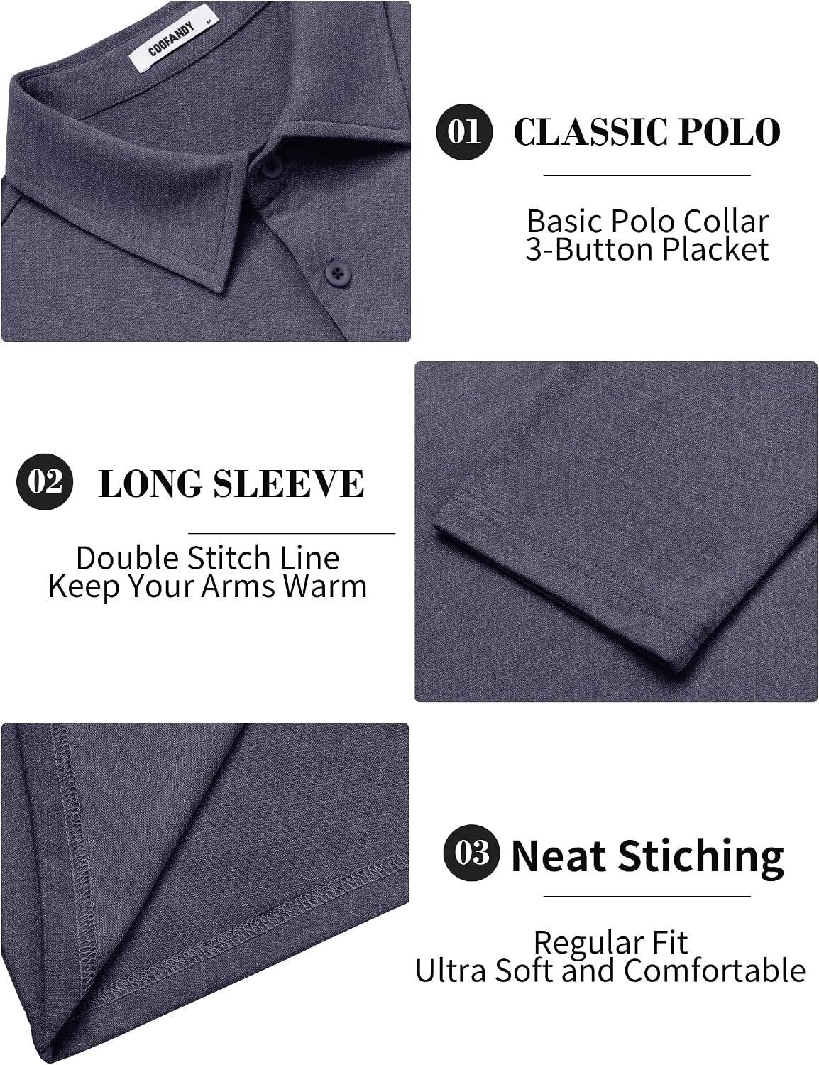 image:imageCOOFANDY Mens Long Sleeve Polo Shirts Casual Basic Lightweight Button Tee Heathered fabric 3 button plackets long sleeve lightweight breathable soft some stretch classic regular fit casualDark Blue