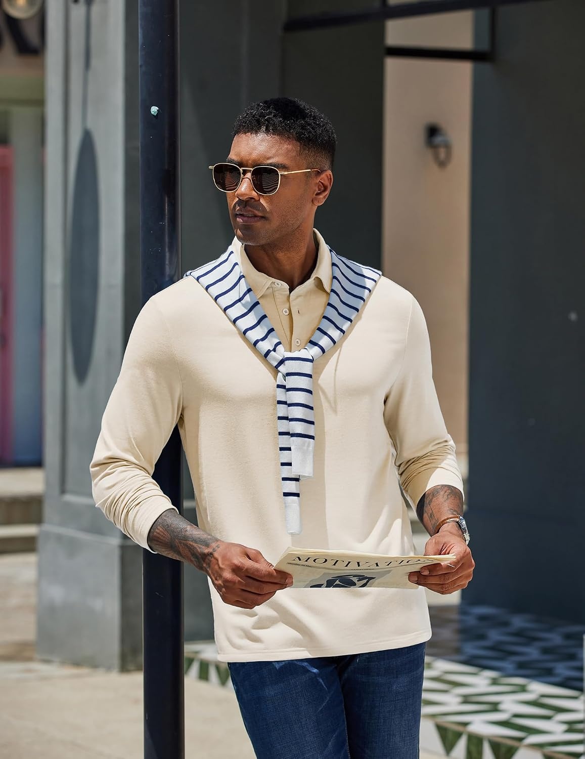 image:imageCOOFANDY Mens Long Sleeve Polo Shirts Casual Basic Lightweight Button Tee Heathered fabric 3 button plackets long sleeve lightweight breathable soft some stretch classic regular fit casualWhite