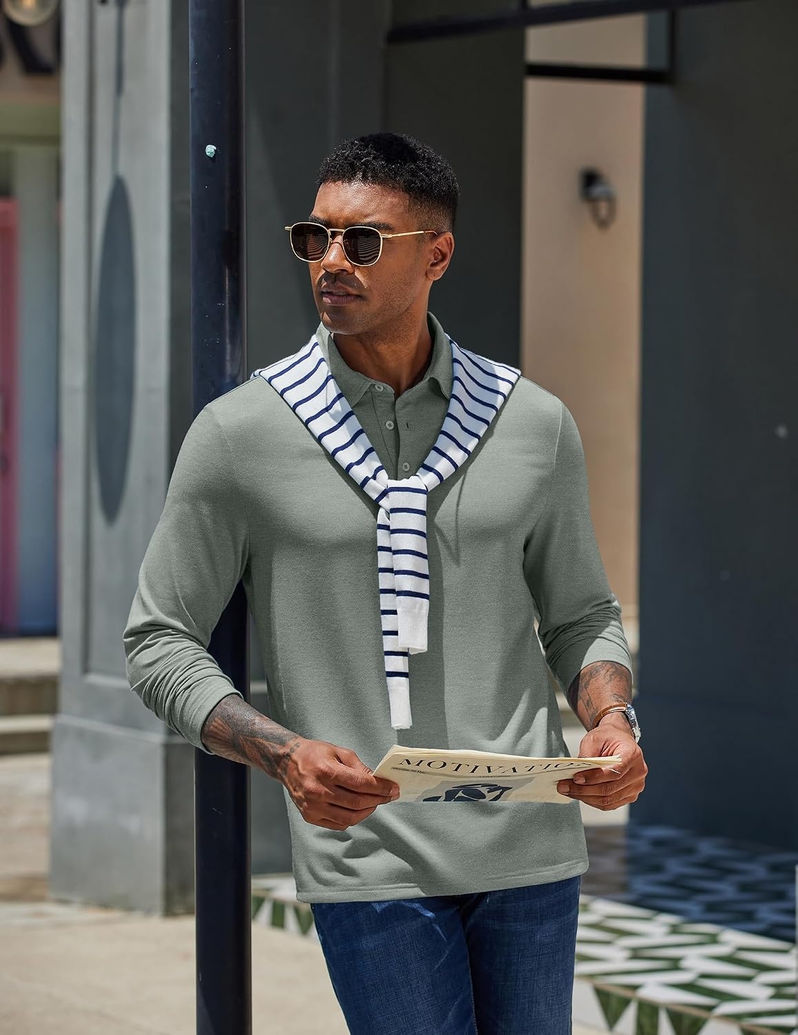 image:imageCOOFANDY Mens Long Sleeve Polo Shirts Casual Basic Lightweight Button Tee Heathered fabric 3 button plackets long sleeve lightweight breathable soft some stretch classic regular fit casualSage Green