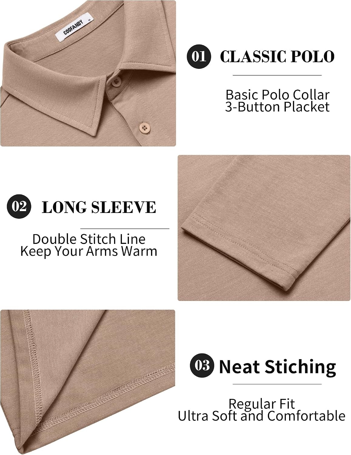 image:imageCOOFANDY Mens Long Sleeve Polo Shirts Casual Basic Lightweight Button Tee Heathered fabric 3 button plackets long sleeve lightweight breathable soft some stretch classic regular fit casualKhaki