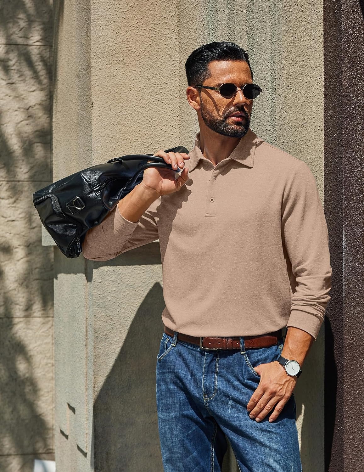 image:imageCOOFANDY Mens Long Sleeve Polo Shirts Casual Basic Lightweight Button Tee Heathered fabric 3 button plackets long sleeve lightweight breathable soft some stretch classic regular fit casualKhaki