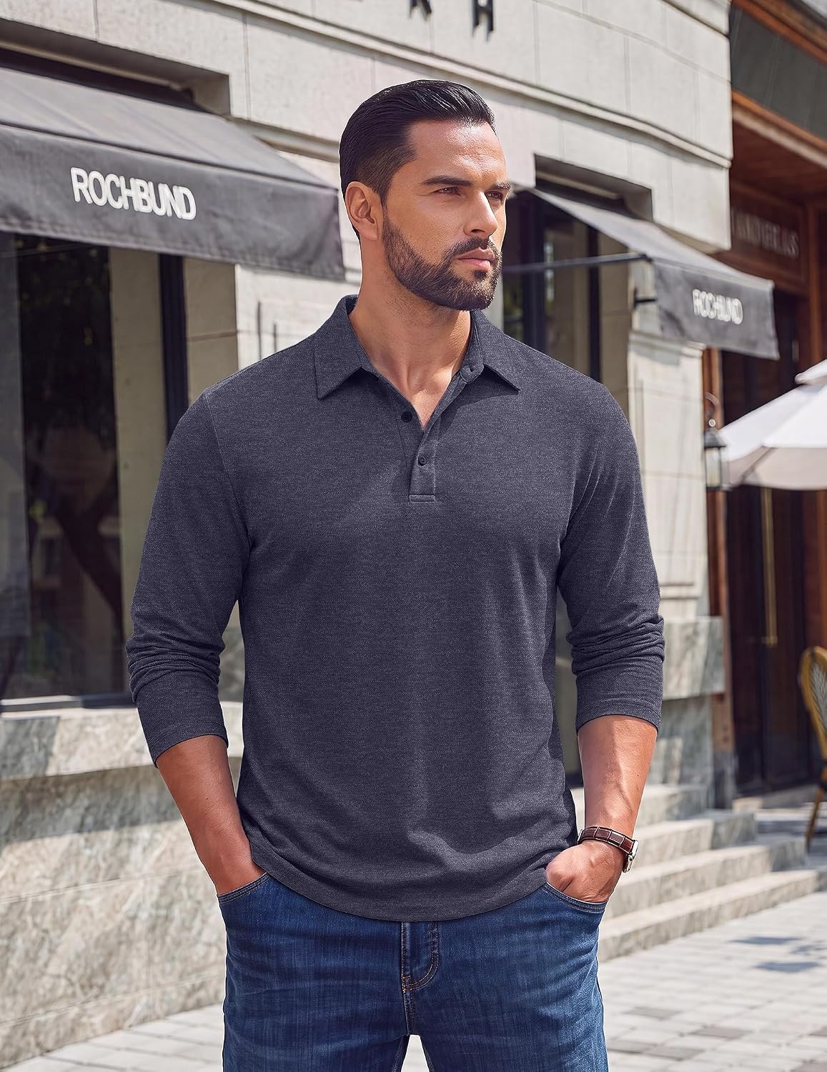image:imageCOOFANDY Mens Long Sleeve Polo Shirts Casual Basic Lightweight Button Tee Heathered fabric 3 button plackets long sleeve lightweight breathable soft some stretch classic regular fit casualDark Blue