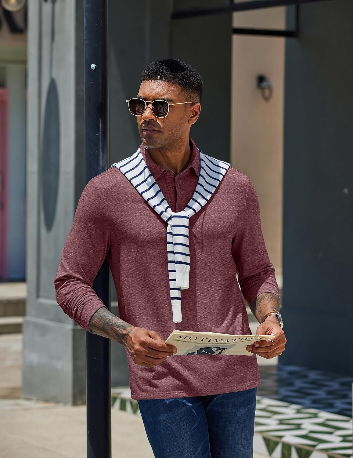image:imageCOOFANDY Mens Long Sleeve Polo Shirts Casual Basic Lightweight Button Tee Heathered fabric 3 button plackets long sleeve lightweight breathable soft some stretch classic regular fit casualWine Red