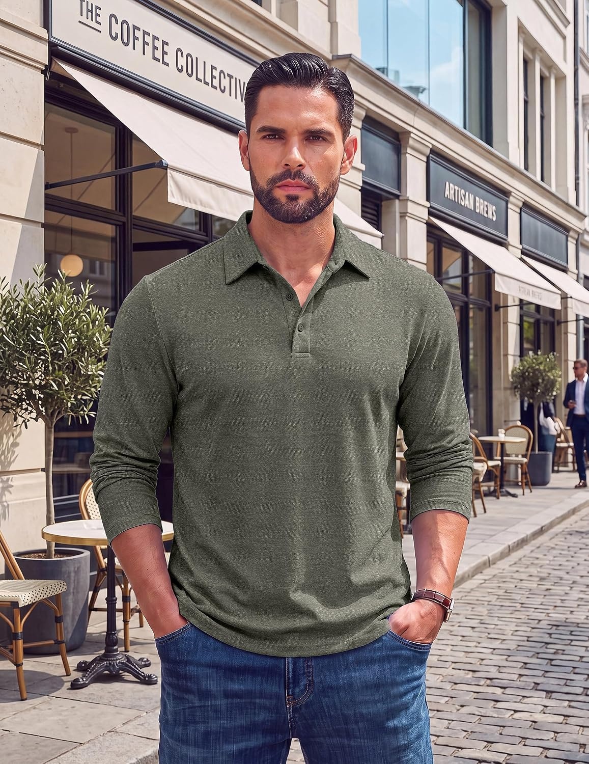 image:imageCOOFANDY Mens Long Sleeve Polo Shirts Casual Basic Lightweight Button Tee Heathered fabric 3 button plackets long sleeve lightweight breathable soft some stretch classic regular fit casualArmy Green