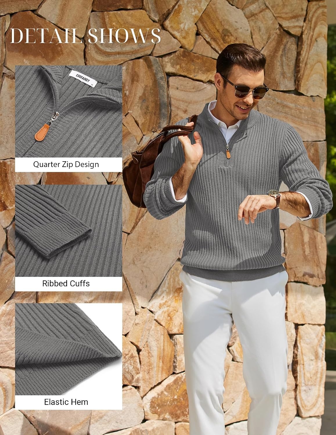 image:imageCOOFANDY Mens Quarter Zip Pullover Sweater Knit Texture Mock Neck Sweater Soft Knit Fabric Thick Warmth Quarter Zip Design Mock Neck Regular Fit Long Sleeve Sweater For Casual And Business WearLight Gray